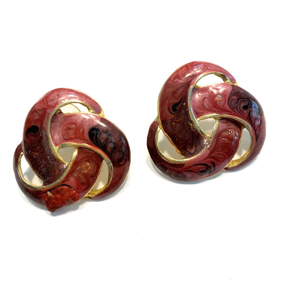 Vintage 1980’s Pierced Earrings Chunky Boss Lady Swirl Enamel Goldtone Pink Rose - Picture 1 of 6